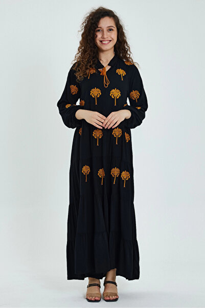 bacc V-Neck Embroidered Black Long Women's Dress - Tied Woven Bcvl-24925