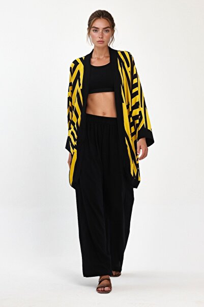 bacc Maxi Size Yellow Printed Kimono and Trousers Woven Viscon Bottom Top Set Bcvl-251061