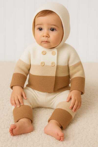 ROKİDS Double Layer Hooded Bebeke Kru Tri̇ko Winter Hat Unisex Knit Suit 9 Mo...