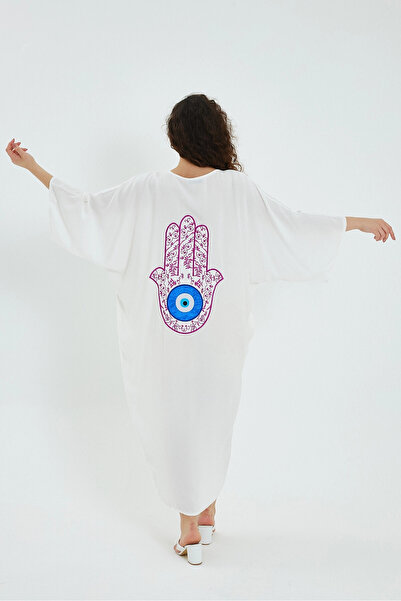 bacc White Embroidered V-Neck Long Shirt Dress - Oversize Bcvl-24906
