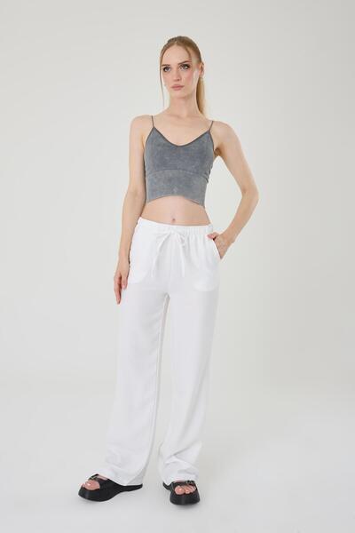 Hazel Women's White Linen Blended Loose Fitting Trousers