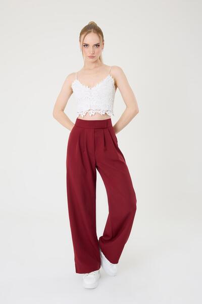 Hazel Kadın Bordo Yüksek Bel Cırtlı Palazzo Pantolon