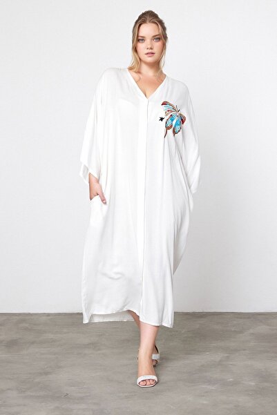 bacc Maxi Size White Embroidery Embroidered Woven Viscon Dress Bcvl-25V048