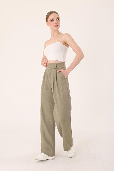 Hazel Women's Khaki Velcro Linen Palazzo Trousers