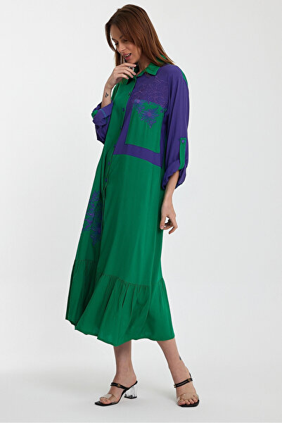 bacc Women's Green Color Blocked Embroidery Embroidered Long Length Woven Shirt Dress Bcvl- 241000