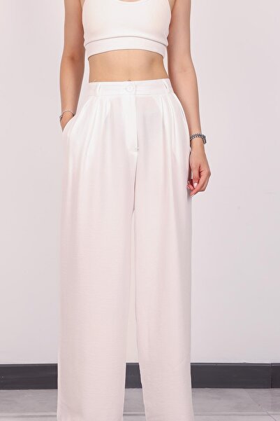 Hazel سراويل باليزو بيضاء من الكتان للنساء مع تفاصيل الطيات