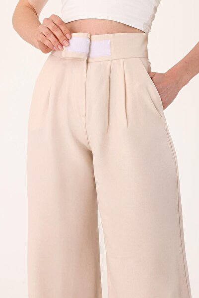 Hazel Women's Stone Velcro Linen Palazzo Trousers