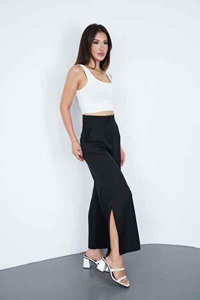 Hazel Γυναικείο μαύρο λινό παντελόνι με σκίσιμο ψηλόμεσο Palazzo