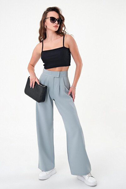 Hazel Kadın Yeşil Yüksek Bel Cırtlı Palazzo Pantolon