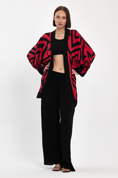 bacc Maxi Size Red Printed Kimono and Trousers Woven Viscon Bottom Top Set Bcvl-251061