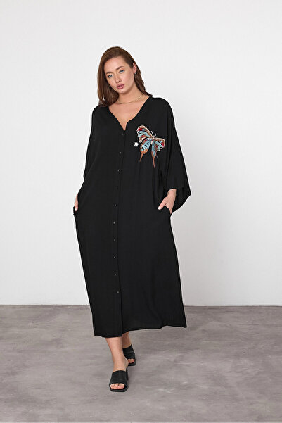 bacc Women's Maxi Length Black Embroidered Woven Viscon Dress Bcvl-25V048