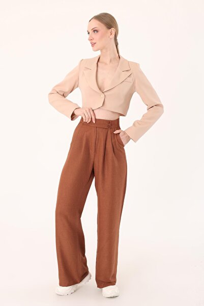 Hazel Women's Brown Double Button Linen Palazzo Trousers