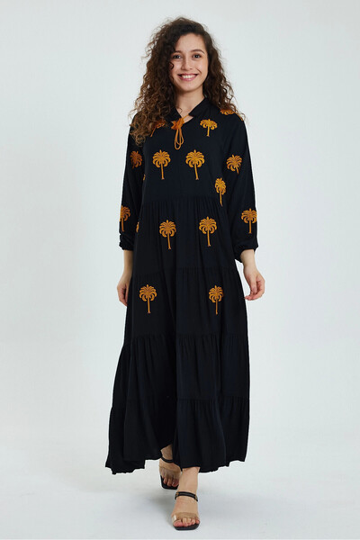 bacc V-Neck Embroidered Black Long Women's Dress - Tied Woven Bcvl-24925