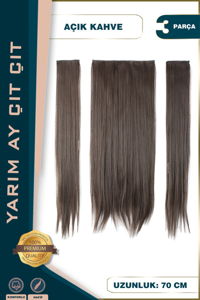 KONAK PERUK Fiber Sentetik Düz Yarım Ay + 2 Yan Çıt Çıt - Açık Kahve
