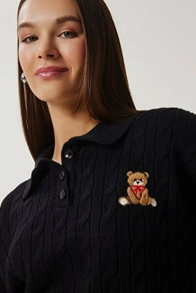 DAMGA Collection Pulover elegant din tricot cu model de ursuleț negru