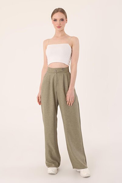 Hazel بنطلون بالازو نسائي كوري الطراز مصنوع من مزيج الكتان الكاكي