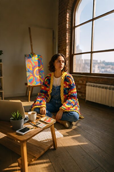 Zuviel Deco Handmade Handmade Colorful Puffy Chunky Cardigan