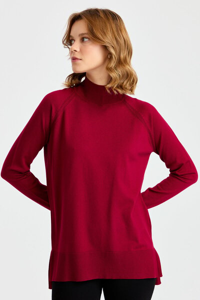 Desen Triko Women's Half Turtleneck Sweater with Slits Cherry