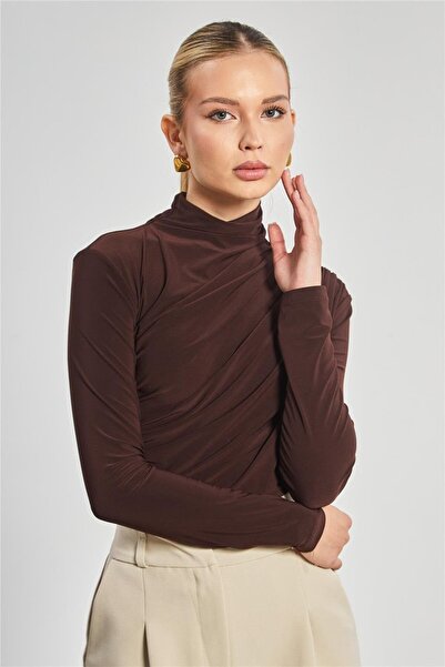 BARRELS AND OIL Kadın Drapeli Uzun Kollu Bluz - Kahve