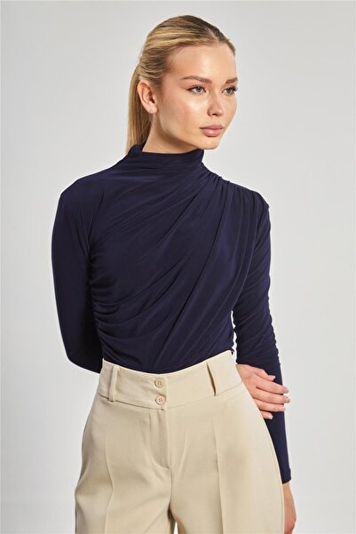 BARRELS AND OIL Women's Draped Long Sleeve Blouse - Navy Blue