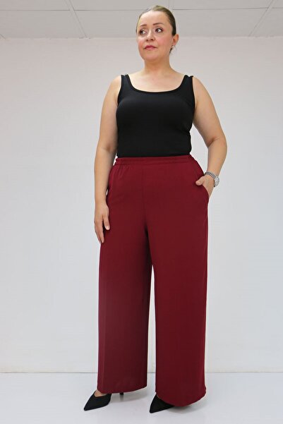 Eslina 59014 Plus Size Elastic Waist Wide Leg Pants - Burgundy