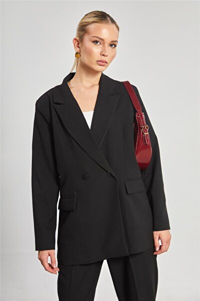 BARRELS AND OIL سترة بليزر نسائية بزر مزدوج - أسود