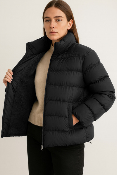 VODENS معطف نسائي أسود من الفرو المقاوم للماء بياقة واقفة