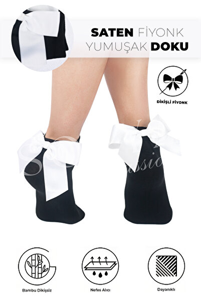 Sofya Passion White Bow Bamboo Black Socks - Seamless Toe, Soft Black Women's...
