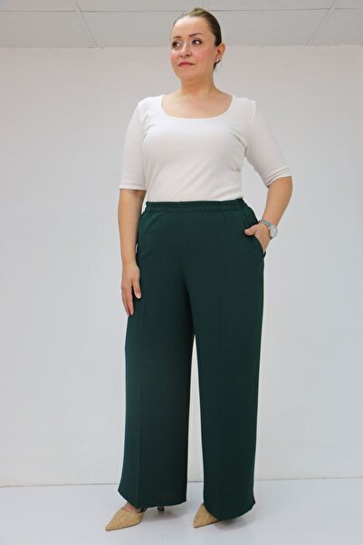 Eslina 59014 Plus Size Elastic Waist Wide Leg Pants - Emerald