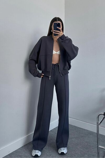 Neşeli Butik Γυναικεία χειμερινή φόρμα φόρμας 3 κλωστών βαμβακερή - Gts018 Anthracite