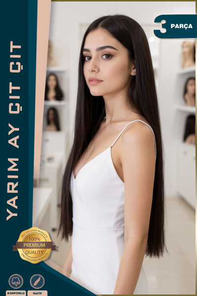 KONAK PERUK Fiber Sentetik Düz Yarım Ay + 2 Yan Çıt Çıt - Kahverengi