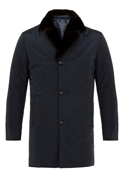 Deriderim Lacivert Kumaş Hugo Yakası Yünlü Erkek Kaban