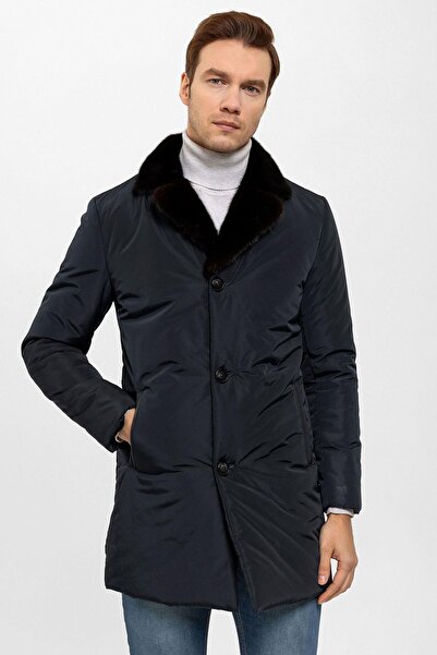 Deriderim Lacivert Kumaş Hugo Yakası Yünlü Erkek Kaban