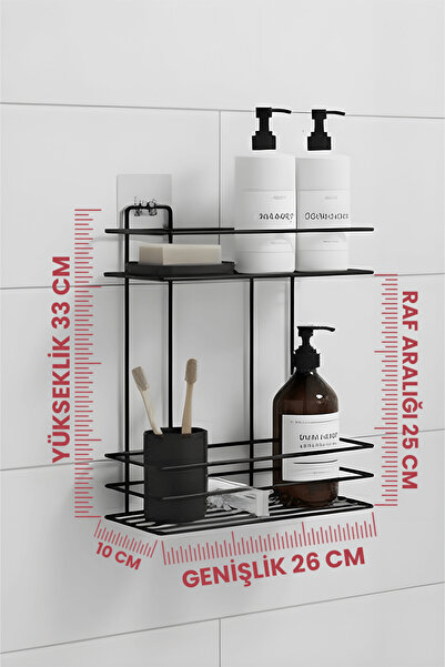 Sas Haus 2-рівнева чорна клейка полиця для ванної кімнати, душова, органайзер для шампуню, нержавіючий метал (VİDALA/YAPIŞTIR)