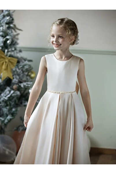 NSMLİFE Beli İncili ve Fiyonklu Yuvarlak Yaka Saten Çiçek Kız Elbisesi