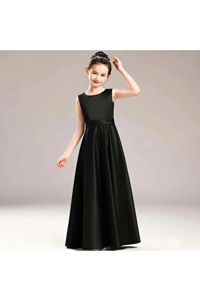 NSMLİFE Kız Çocuk Saten Bisiklet Yaka Sade Elbise Mezuniyet Doğum Günü Abiye Elbise