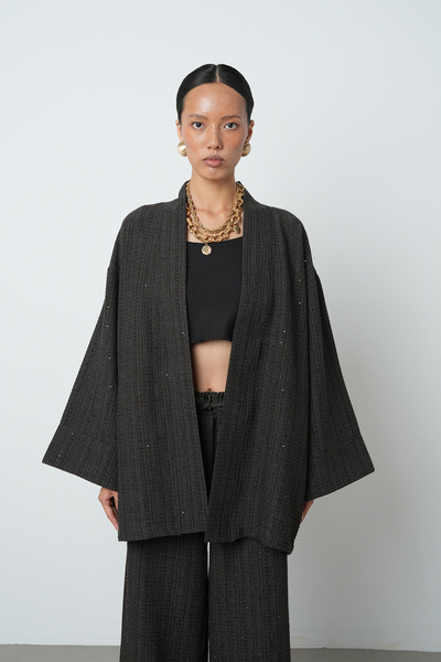 Orfeo Negro Kadın Düz Renk Simli Rahat Kalıp Tesettür Kimono