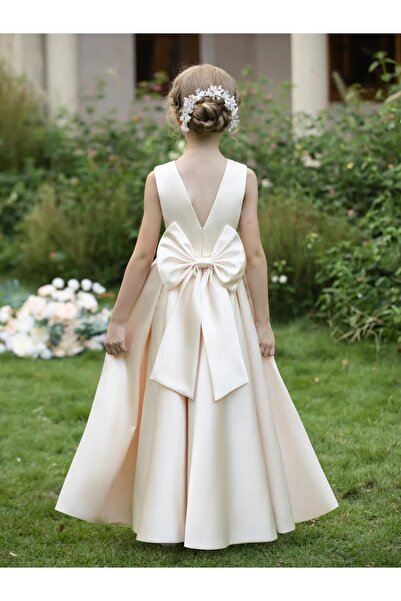 NSMLİFE Beli İncili ve Fiyonklu Yuvarlak Yaka Saten Çiçek Kız Elbisesi