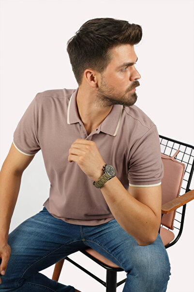 Etikmen Мъжка тениска с поло яка с раирана норкова бежова яка