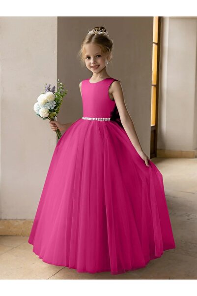 NSMLİFE İncili Ve Saten Fiyonklu Tül Balo Elbisesi/Prenses Elbise