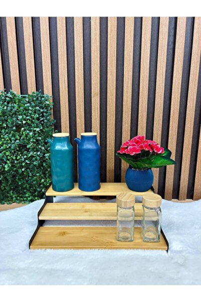 Vovo Concept 3 Katlı Siyah Çerçeveli Bambu Merdiven Baharatlık Standı 24x11x8...