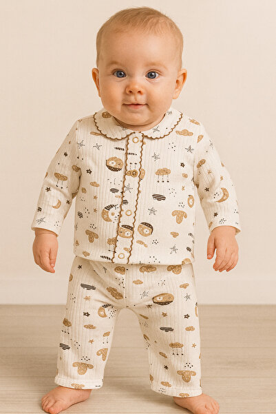 Zem Baby Kahve Rengi Bebek Pijama Takımı Ay-Yıldız Desenli %100 Pamuk Yumuşak (0-3/0-6 Ay)