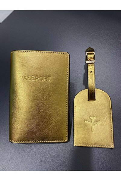 Seyahataksesuar Gold Leather Passport Cover and Luggage Tag Set