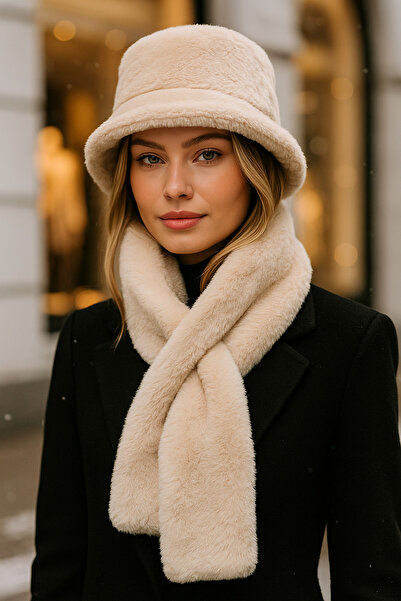 Luminos Butik Бежевий плюшевий комплект шапки та шарфа - м'які та теплі зимові аксесуари Set01