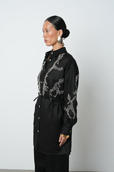 Orfeo Negro Women's Beaded Waist-Tied Jacket with Snap Closure