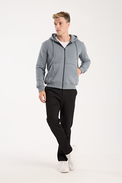 kaphone 10 Erkek Pamulu 3 İplik İçi Polarlı Tam Fermuar Kapüşonlu Sweatshirt