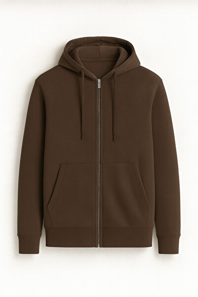 Valiberta Haneke Regular Fit Diagonal 3 Thread Zippered Hooded Men's Sweatshirt - Brown