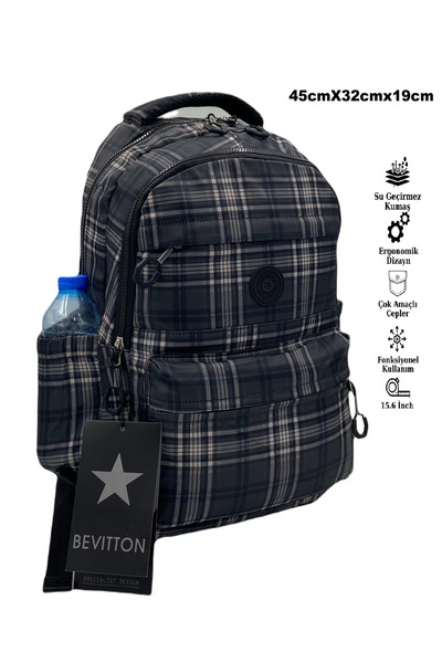 Bevitton Su Itici Kumaş Okul Çantası Unisex Okul Sırt Çantası 20267 Ekose Siyah