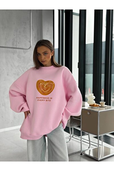 The Champ Clothing Γυναικείο φούτερ φόρεμα oversize Bakery Heart Palmier με στάμπα ροζ – Crew Neck, 3 Thread Fleece