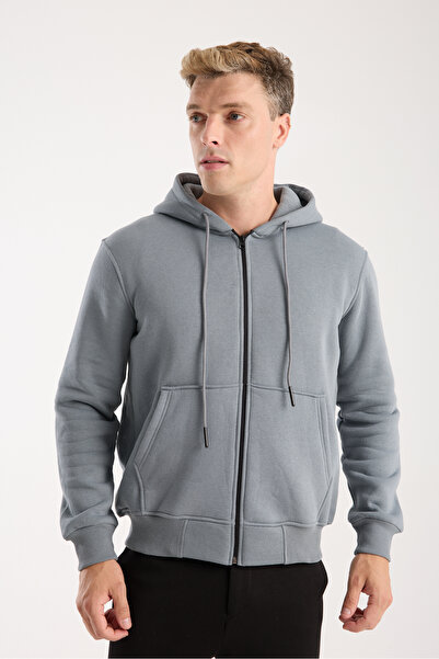 kaphone 10 Erkek Pamulu 3 İplik İçi Polarlı Tam Fermuar Kapüşonlu Sweatshirt